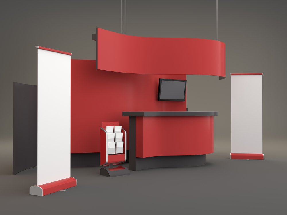 Выставка красный. Booth Mockup. 3d Stand Mockup. Exhibition Booth 3d rendering. Shutterstock Exhibition Booth 3d rendering isolated.